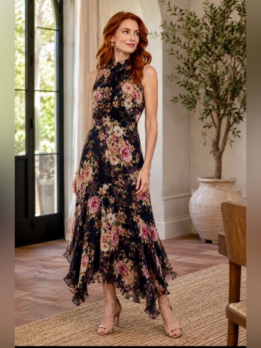Yumi Kim Black Floral Halter Midi Dress with Pink Blooms